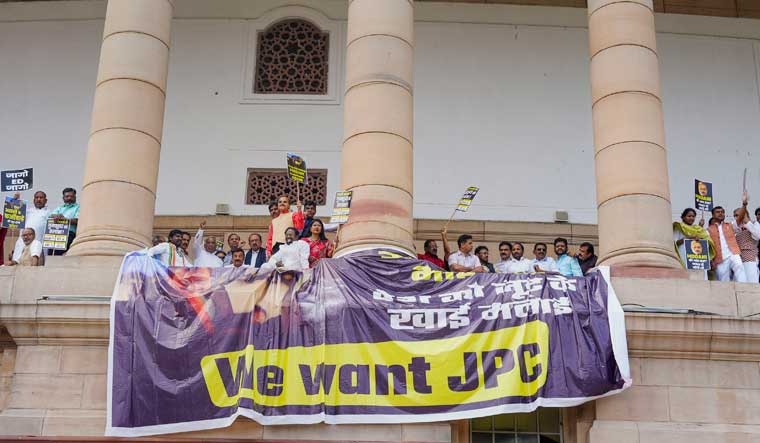 Opposition Leaders Hold Protest In Parliament House Complex Over Adani ...